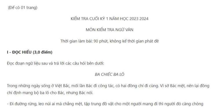 Đề thi học kỳ 1 môn Ngữ văn 9 năm học 2023 -2024 tỉnh Bạc Liêu